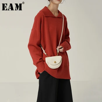 

[EAM] Red Brief Temperament Knitting Sweater Loose Fit Lapel Long Sleeve Women Pullovers New Fashion Tide Spring 2020 1N150