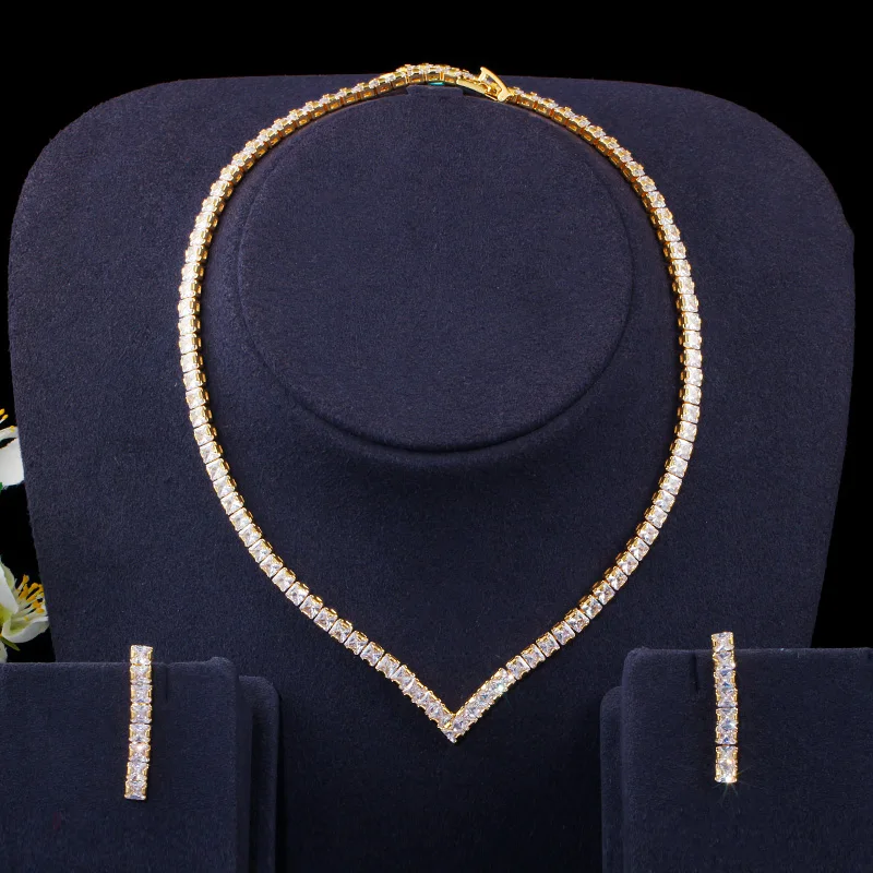 CWWZircons Cubic Zirconia Pave Yellow Gold Color Women Party Choker Necklace and Earring Brides Jewelry Set T421 Bridal Jewelry Sets Crystal Jewelry Sets Earring Ring Sets