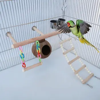 

Bird Cage Play Gyms Perch Toy Parrot Playground Stand Coconut Shell Nest Climbing Ladders Swing Feeder Cups Exercise Toys C42