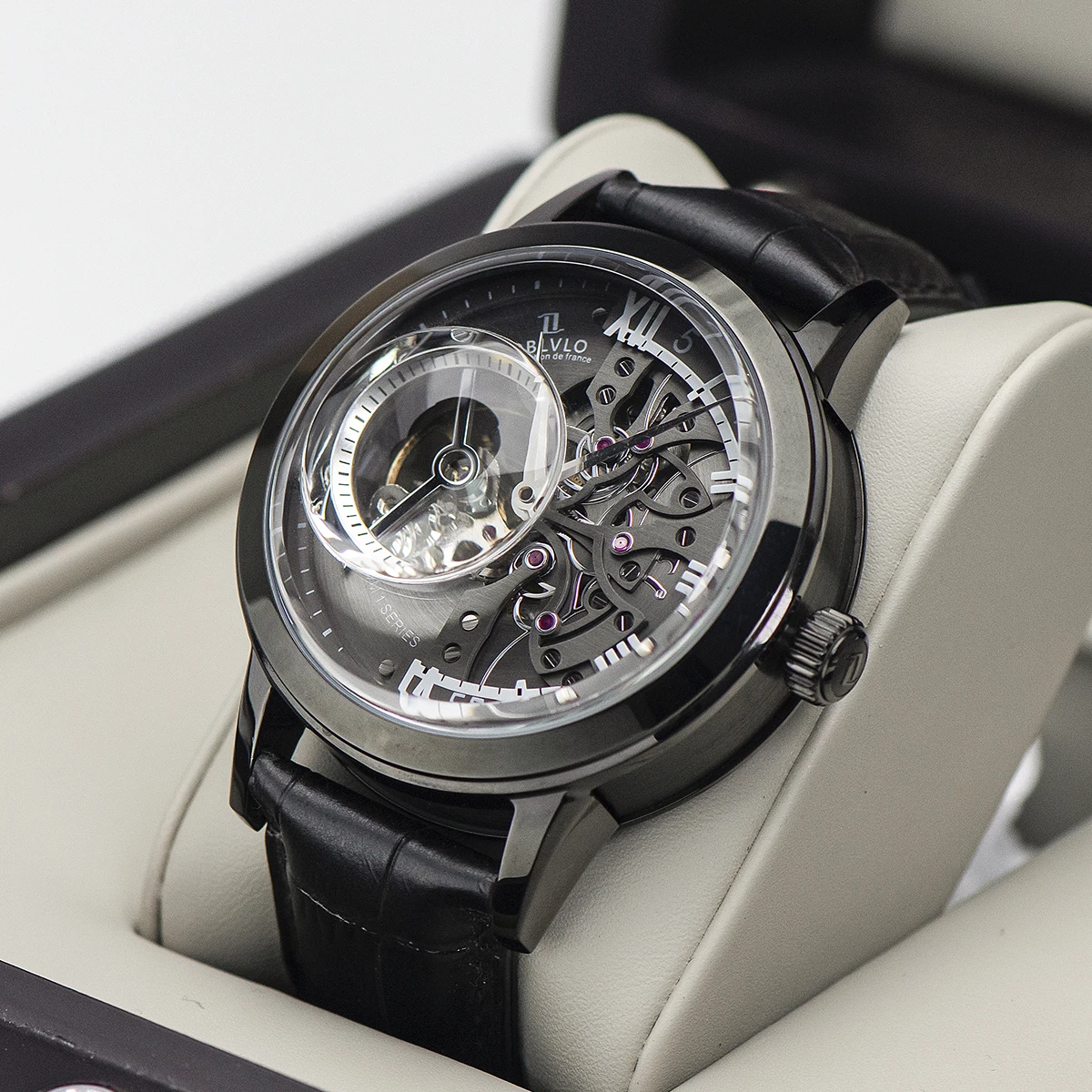 Oblvlo-自動巻き時計,新しいデザイン,透明なトゥールビヨン,革