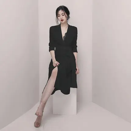 

2019 Spring New Style Elegant INS Debutante V-neck Single Breasted Slim Fit Slimming White Immortal Dress Women's