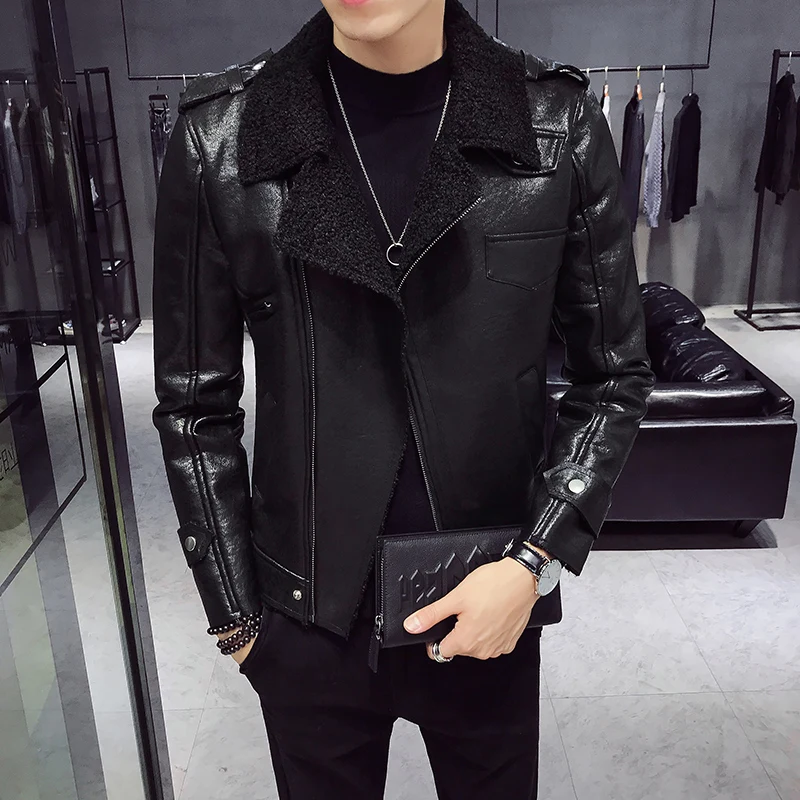 New Winter Mens Jackets Leather Turn Down Collar Mens Leather Clothing Black Korean Mens Coats Leather Bomer Jackets Short