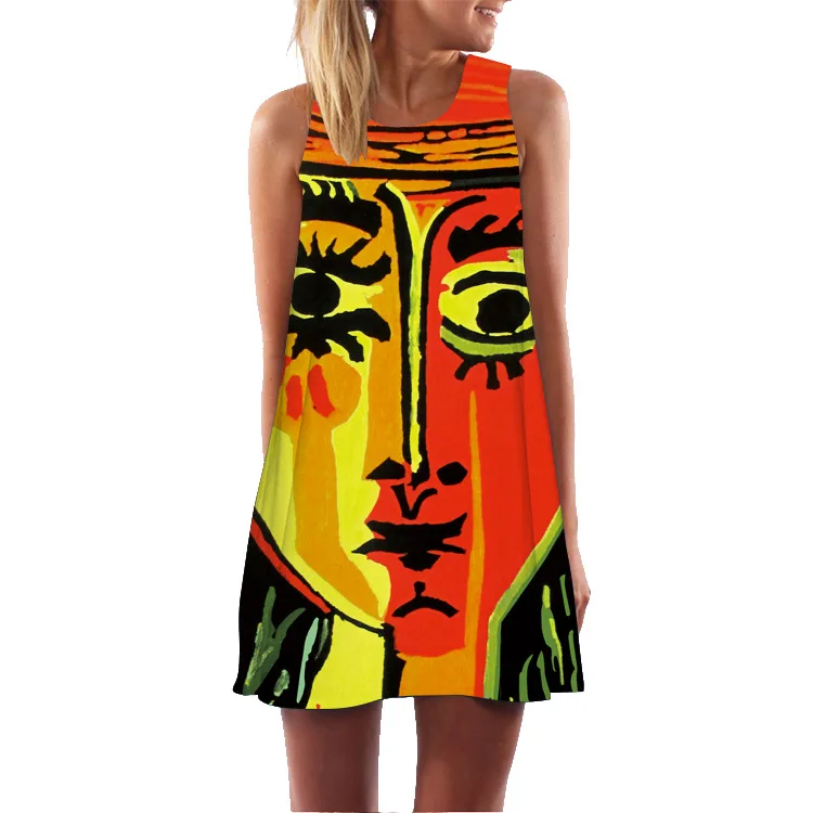 

2020 New Digital Printing round Neck off-Shoulder Sleeveless Vest Expandable Loose Medium-Length Dress Sexy Dress
