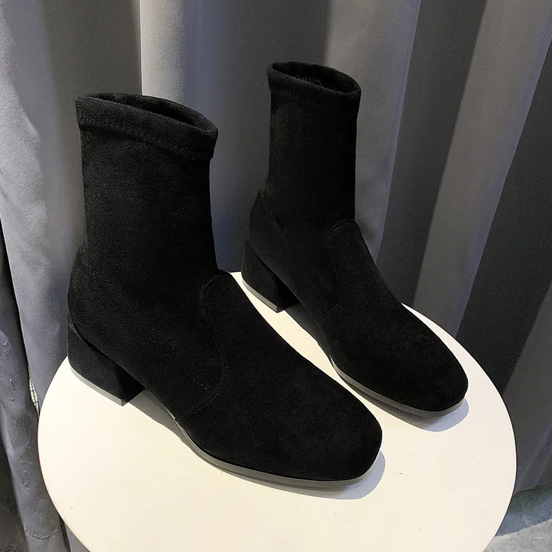 

2019 New Style Autumn And Winter Martin Boots Women's Tennis Red Chunky-Heel Stretch Boots Semi-high Heeled Thin Boots Single Bo