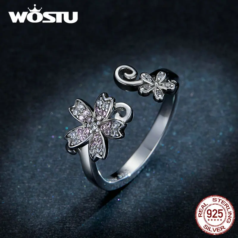WOSTU, настоящее 925 пробы, серебряное кольцо с цветком сакуры для женщин, розовый циркон, открытый размер, кольца для свадьбы, помолвки, ewelry DAR086