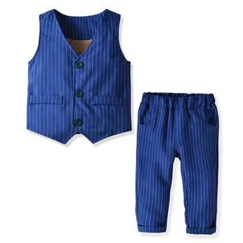 

Boys Double Layer Vest Trousers Gentleman Suit Blue Stripe Waistcoat 2pcs/set Children Kids Party Costume Clothes Formal Pants