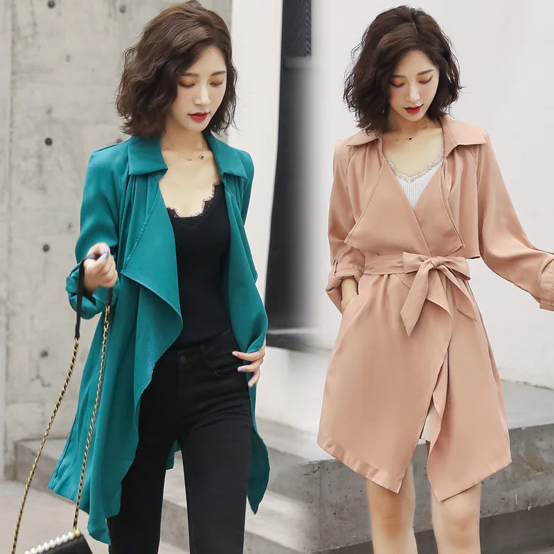 

2019 Autumn New Style Solid Color Square Collar Lace-up Long Sleeve Convention Straight-Cut Sweet Dacron Trench Coat