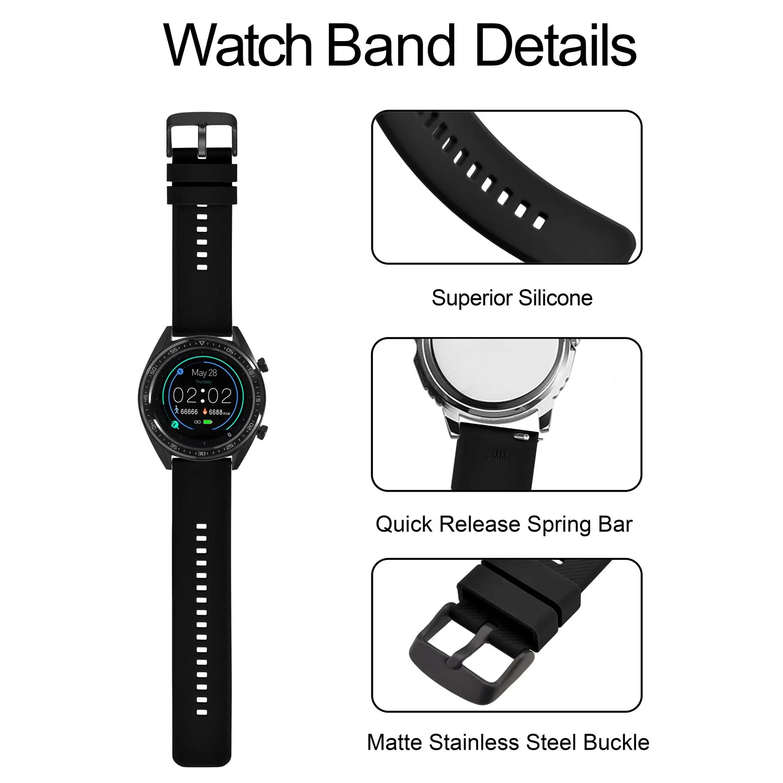 BISONSTRAP Sports Silicone Watch Band 18mm 19mm 20mm 21mm 22mm Watchband Bracelet for Men and Women black Sandblasting Buckle