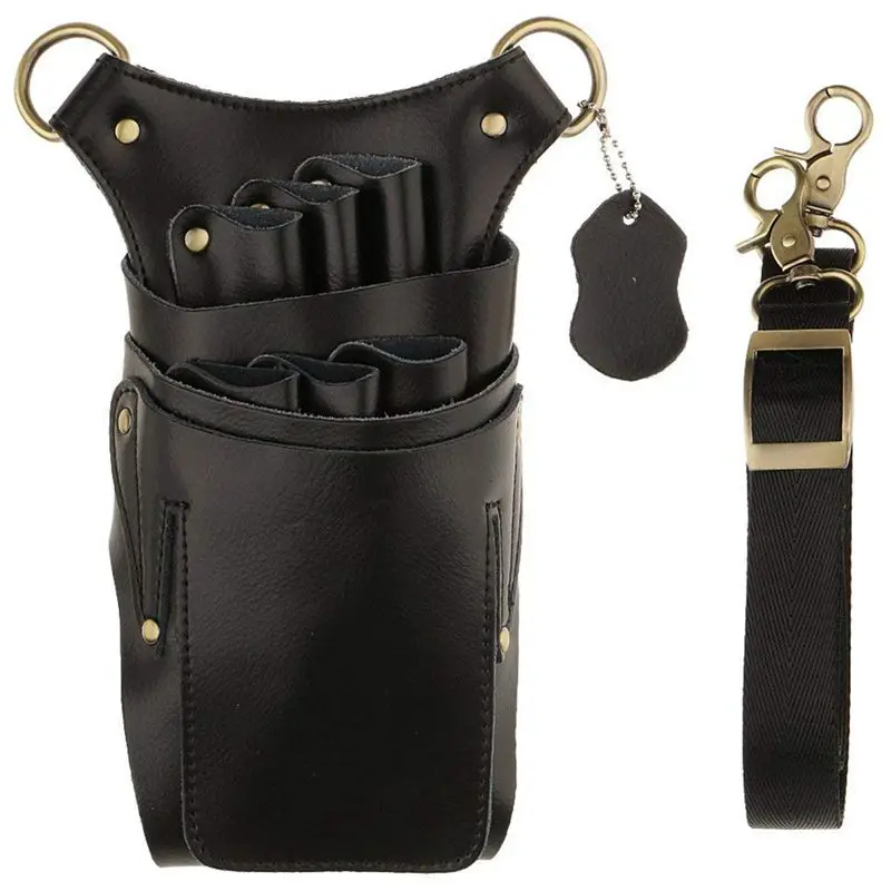 

ABZC-Genuine Leather Bag Case with Adjustable Strap Belt for Storing Hairdressing Tools Scissors Clips Holster Combs High Capaci