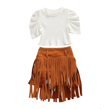 

Pudcoco Fast Shipping 0-5Years Toddler Baby Girl Skirt Set Puff Sleeve Solid White Top Tassel Skirt Summer Clothing Set