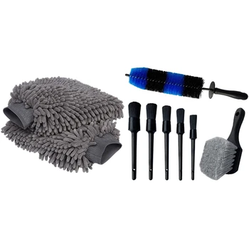 

2pcs Car Cleaning Gloves Chenille Microfiber Window Washing Tool & 7Pcs Wheel Tire Brush Wash Detail Brush