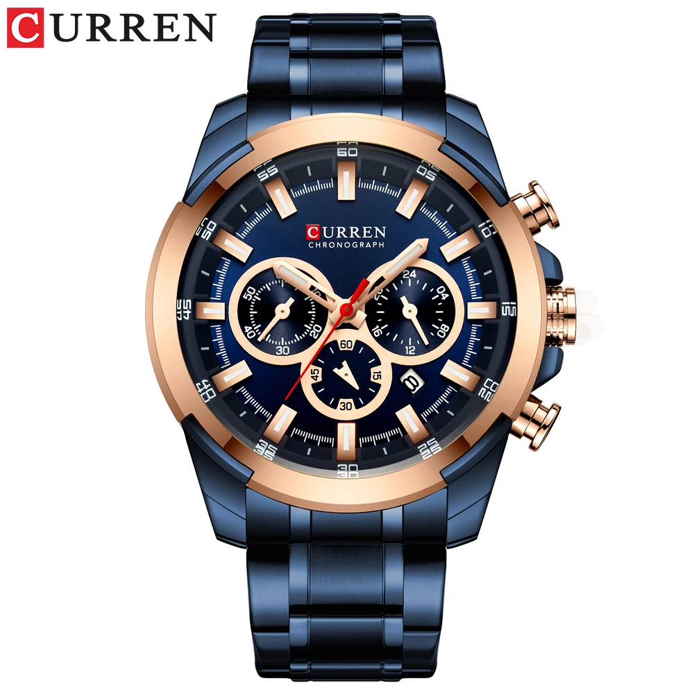 blue CURREN Модные Повседневные часы из нержавеющей стали Мужские кварцевые наручные часы с хронографом спортивные часы светящиеся указатели мужские часы - Цвет: blue