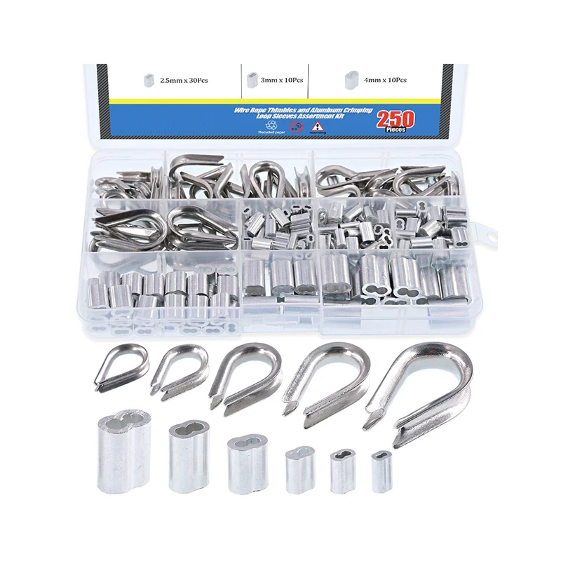 Dedais de Cabo de Corda de Fio de e Alumínio Crimpagem Laço Manga Variedade Kit para Corda de Fio Rigging Aço Inoxidável 250 Peças 304