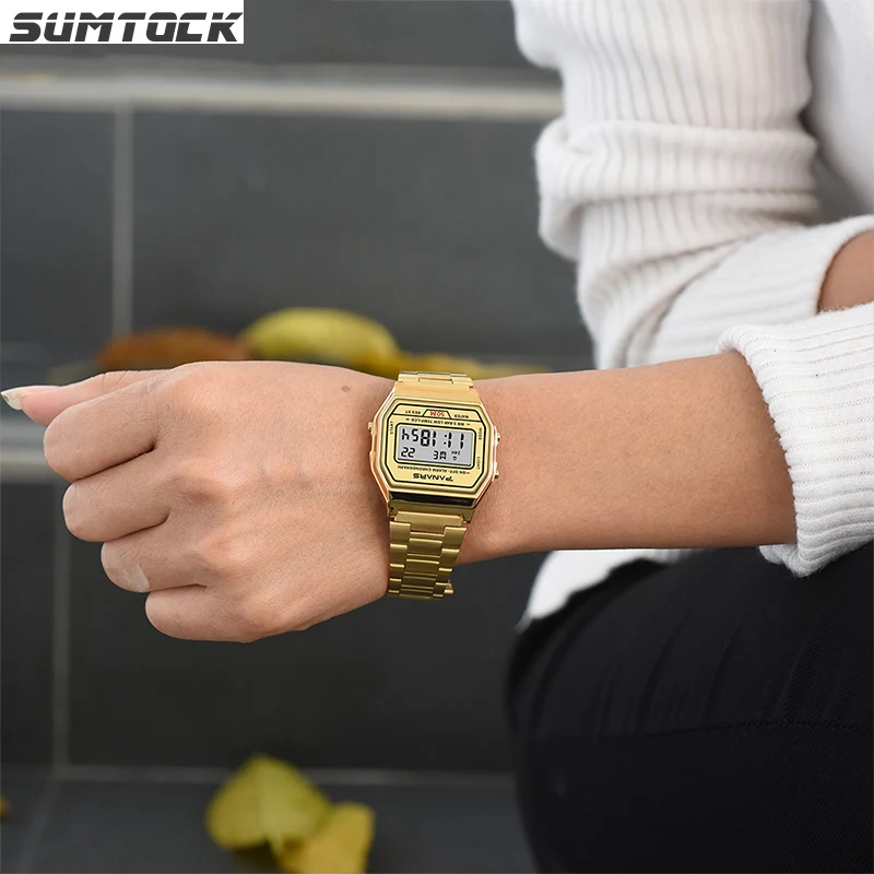 SUMTOCK Business Watch Digital Men Stopwatch Timing 50m Swimming Waterproof Metal Strap Gold Plating Process reloj hombre lige