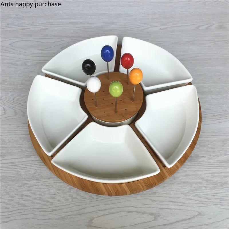 Белая керамика фруктовый поднос для снэков сушеная Фруктовая тарелка для орехов домашняя разделенная тарелка десерт Вегетарианская тарелка для салата с бамбуковым лотком