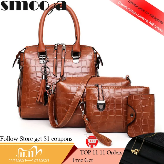 SMOOZA 4PS Women Bags Set Luxury Crocodile Female Handbags PU Leather Shoulder Bags Brand Tassel Composite Bags Messenger Bag 1