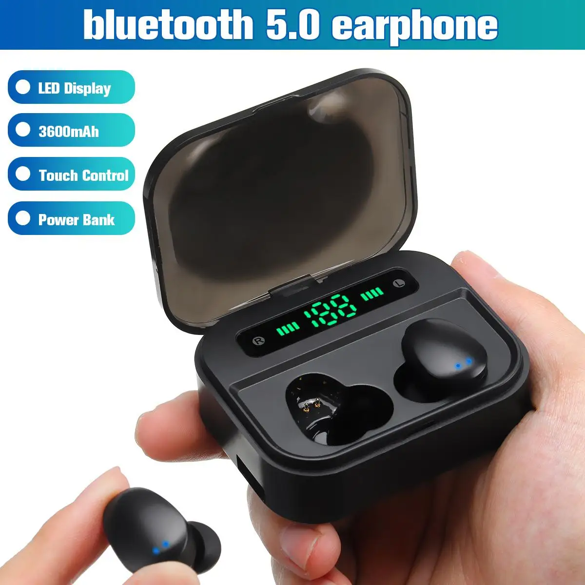 

LED Display TWS Wireless bluetooth 5.0 Earphones Touchs Stereo IPX7 Waterproof Touch Earbuds Headset With 3600mAh Power Bank