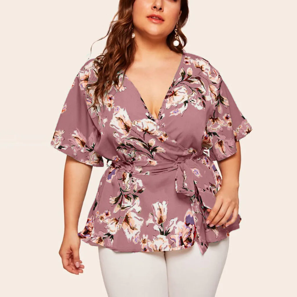 5xl Plus Size Floral V-neck Shirt Women's Casual Short Sleeve Tunic Printing Waist Belt Blouses Tops Women Clothing Blusas Mujer shirts & tops