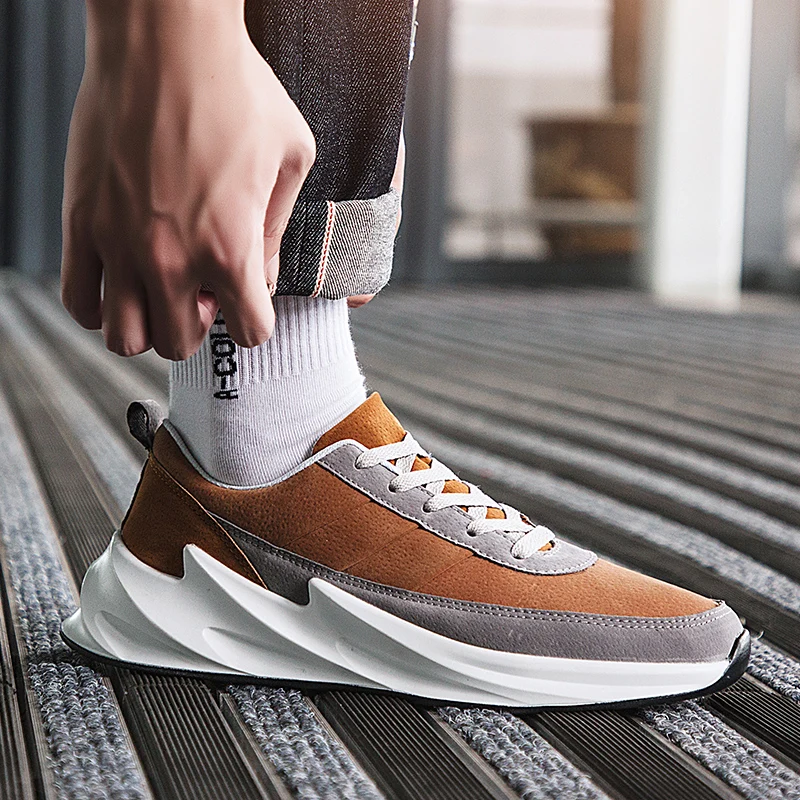 

Men's Casual Sneakers Fashion Leather Platform Boots Outdoor Running Walking Breathable Casual Shoes High Top US Size 6.5-10