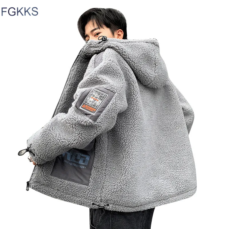 FGKKS, новинка, мужские Модные парки, пальто, зимнее, мужское, с карманом, с капюшоном, с принтом, мужской тонкий жакет, подходит для диких, одноцветная парка, брендовая одежда