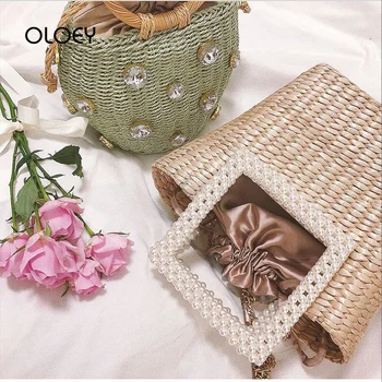 

Vintage Handmade Women Rattan Bag Woven Drawstring Shoulder Bags Ins Japanese Imitation Pearl Straw Bag Summer Beach Handbags