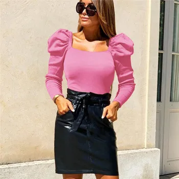 

Retro Women Autumn Shirts Solid Color Puff Sleeve Square Collar Slim s Tops Fashion Ladies Bare Belly Bottoming Shirts V28