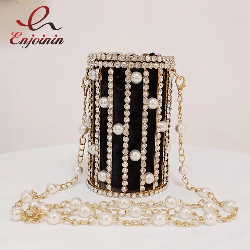 

Luxury Diamond Cylindrical Metal Fashion Women Party Clutch Bag Pearl Chain Purses and Handbags Shoulder Bag Crossbody Mini Bag