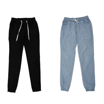 

2Pcs Women Casual Jogger Pants Drawstring Elastic Waisted Jeans Solid Ladies Denim Pants Slim Leggings Pants Xxxl - Black & Ligh
