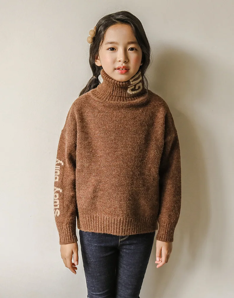 Детские плотные теплые свитера с высоким воротником осенне-зимний вязаный свитер для девочек Повседневный пуловер для больших детей коричневая вязаная одежда для подростков от 6 до 14 лет
