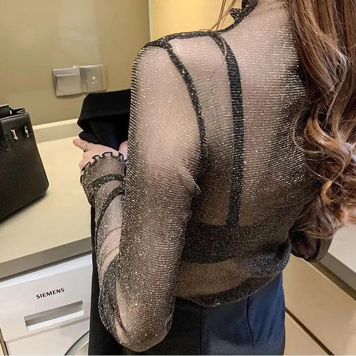 Girls Mesh Blouses Tees Female Autumn Transparent Full Sleeve Elegant Stretchy Turtleneck Shirts Tops Undershirts For Women 6