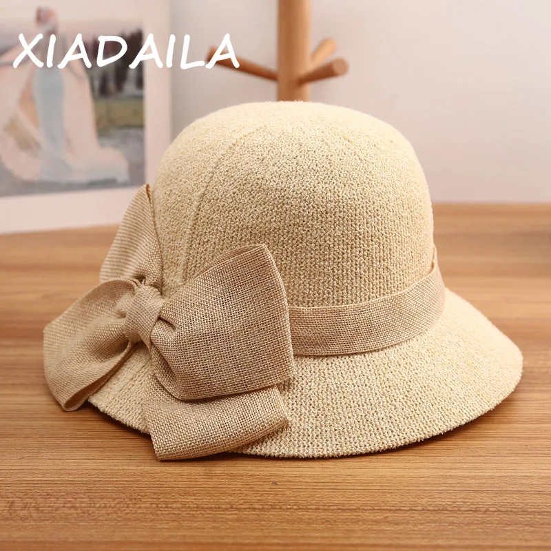 Fashion Summer Women's Straw Bucket Hat Bow Hand-made Foldable Parent-Child Panama Beach Sun Fashion Hat