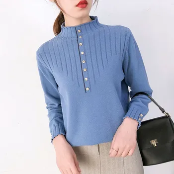 

Women Pullovers Sweater Autumn Warm Long Sleeve Cute Knit Tops Button Solid Color Casual Loose Sweater