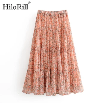 

Boho Styles Floral Skirt Women Summer Elastic High Waist Pleated Long Skirt Loose Holiday Beach Chiffon Skirts Female Ropa Mujer