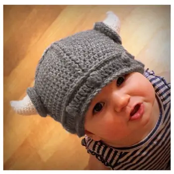 

New Adorable Children Handmade Crochet Winter Warm Hat Viking Horns Hat Knitted Hat Cute Children Knit Beanies