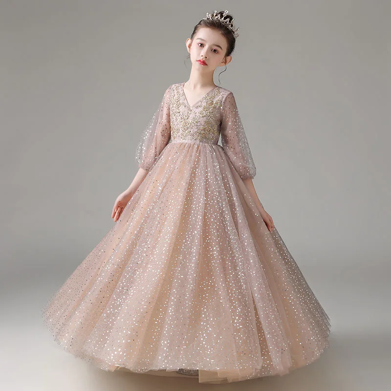 

Champagne Kids Dresses Girls Wedding Sequin Party Frock Flower Girl Gown Princess Evening Children Mesh Sleeve Formal Vestido