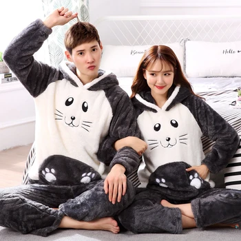 

2020 Winter Couples Thick Warm Flannel Pajama Sets For Women Long Sleeve Hooded Soft Pyjama Men Kawaii Cartoon Homewear Clothing