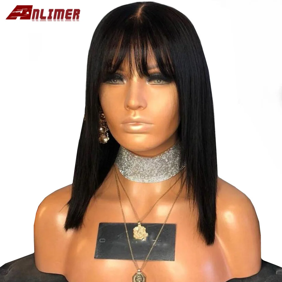 Anlimer Bob Cut 13X6 кружевные передние короткие парики из человеческих волос с челкой предварительно сорванные бразильские Реми прямые волосы для женщин