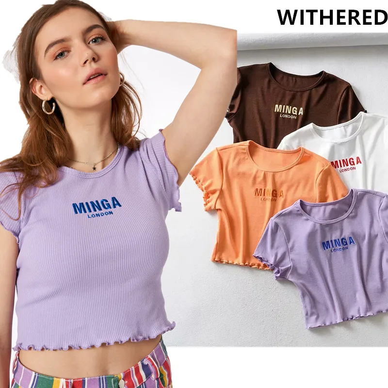 

Withered 2019 ins vintage letter embroidery rib knitted lace crop tops t shirt women harajuku tshirt camisetas verano mujer 2019
