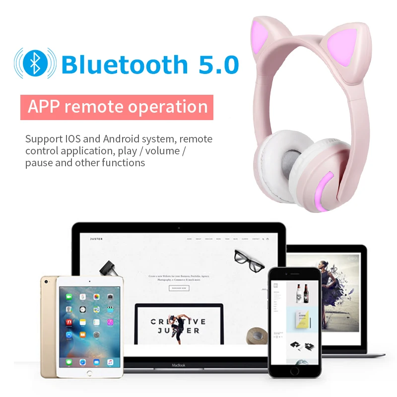 JINSERTA Kids Cat Ear Headphones Bluetooth 5 0 Glowing Stereo Headset Noise Cancelling Music Earphone for Phone PC Birthday Gift