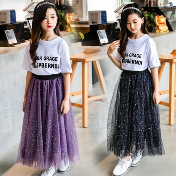 

Kids Girls Stars Sequined Tulle Long Skirts Teenager Girls Ball Gown Tutu Skirts and Tops Student Girl Mesh Skirts for Party