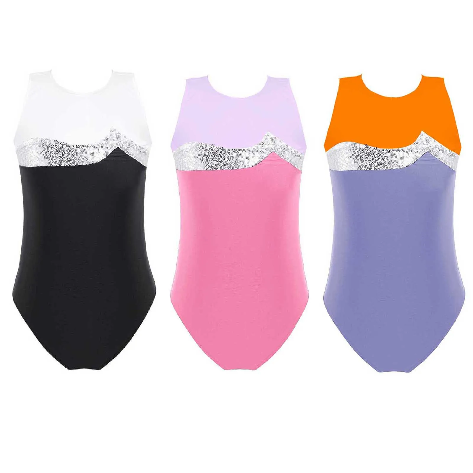 Child Kids Girls Sleeveless Shiny Sequins Keyhole Back Gymnastics Ballet Dance Leotard Gymnastics Bodysuit for Girls Dance Wear