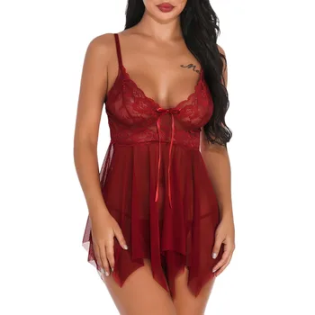 

Lingerie for Women Front Closure Babydoll Lace Patchwork V-neck Mesh Bowknot Irregular Lace Nightdress Sleepwear Lingerie Set