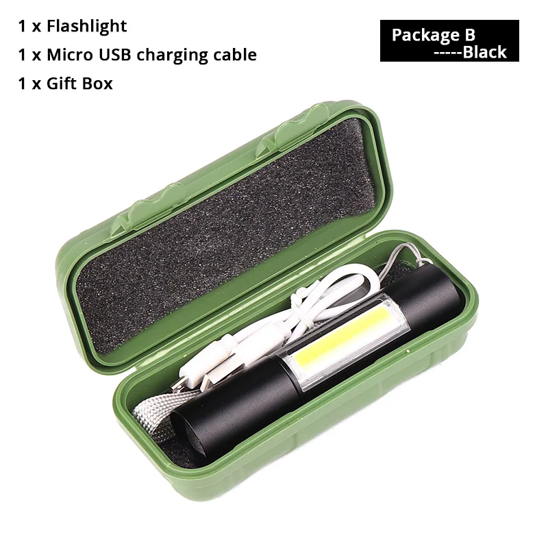 Мини светодиодный фонарик USB Перезаряжаемый с COB боковым фонариком 3 режима Поддержка зум открытый кемпинг свет с Бесплатный usb-кабель - Испускаемый цвет: Package B-Black