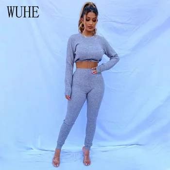 

WUHE High Elastic Waist Ribbed Two Piece Set Women O-neck Long Sleeve Crop Tops and High Waist Skinny Legging Autumn Suits