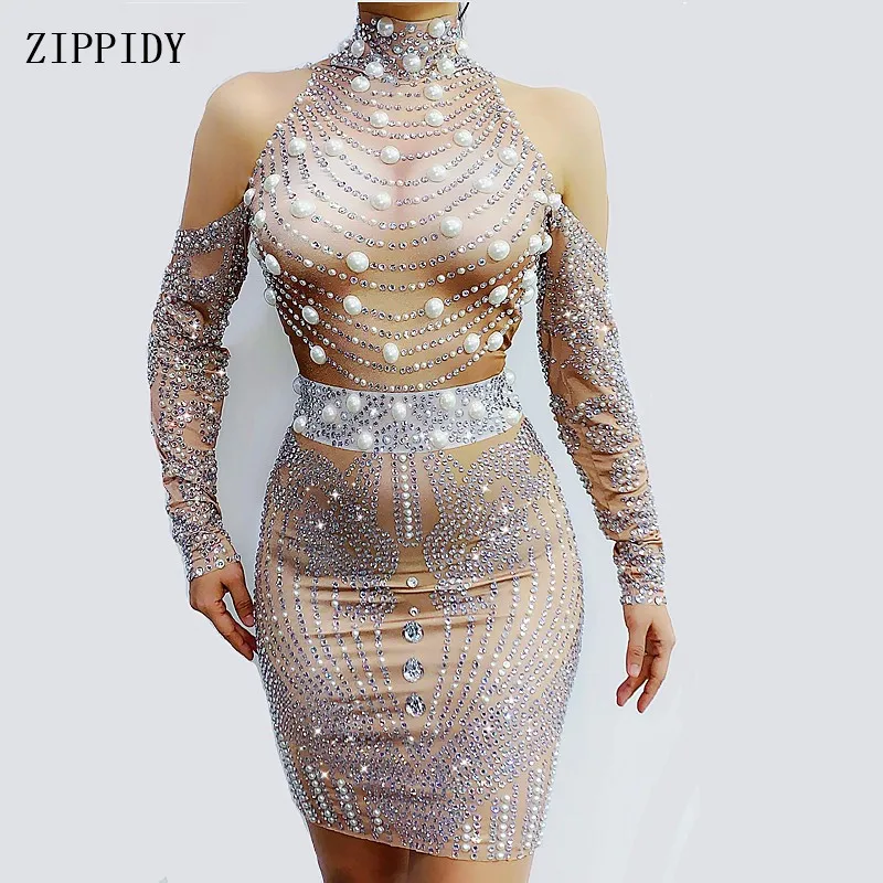 

Sparkly Rhinestones Big Pearls Spandex Mini Dress Birthday Celebrate Outfit Prom Stage Female Singer Dancer Dress