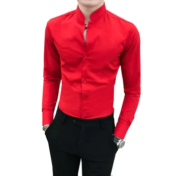 

Autumn New Male Shirt Long Sleeve Simple All Match Social V-neck Shirts Mens Slim Fit Stand Collar Night Club Tuxedo Gentlemen