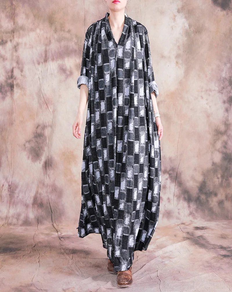 Johnature Patchwork New Autumn Casual Plaid Cotton Linen Maxi Dress Loose Full Sleeve V-neck Fashion Women Dresses
