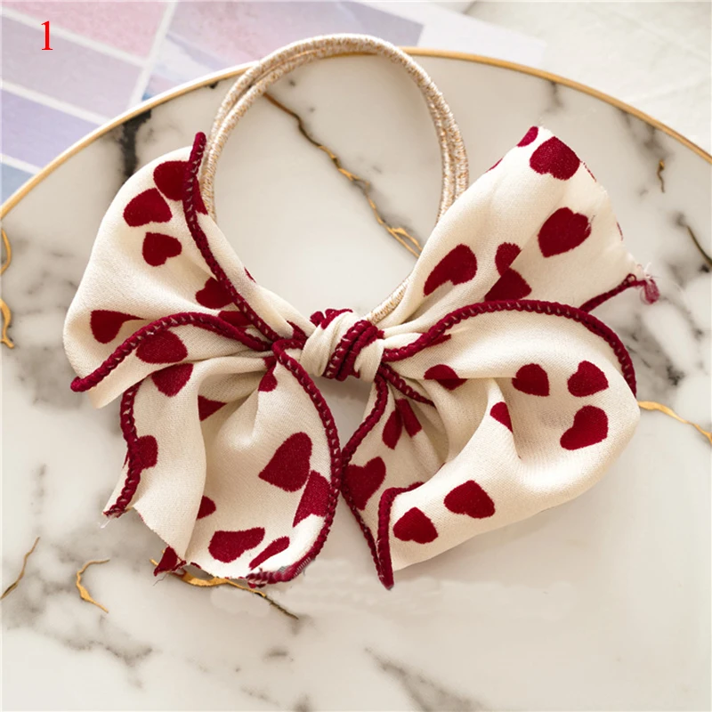 

Chiffon Bow Hair Rope Floral Red Love Heart Headband Elastic Hair Band For Women Girl Rubber Band Rope Ponytail Hair Accessories
