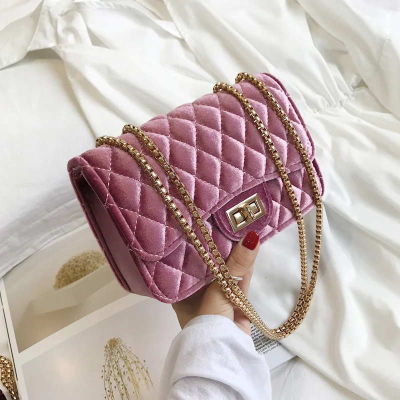 

2018 Early Autumn New Style WOMEN'S Bag Gold Velvet WOMEN'S Shoulder Bag Chain Oblique Small Fragrant Quilted Korean-style WOMEN