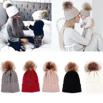 

2020 Kids Hats Infantil Baby Boy Girl Mom Warm Winter Knit Soft Beanie Hat Hairball Cap Adult Children Family Matching Hats